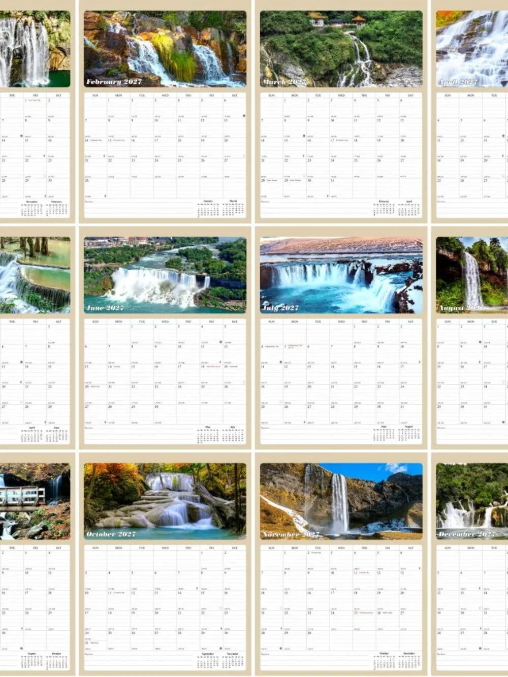 2027 Wall Calendar Spiral-bound Twin - 12 Months Planner 8.5 x 11 (Waterfalls)